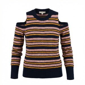 Loft Sweater Womens S Blue Gold Pink Stripe Off Shoulder Wool Blend Long Sleeve